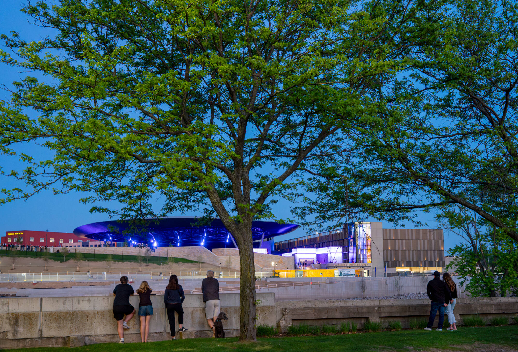 A group of people stands near a tree at dusk, overlooking a modern building complex with illuminated structures and a large blue dome.